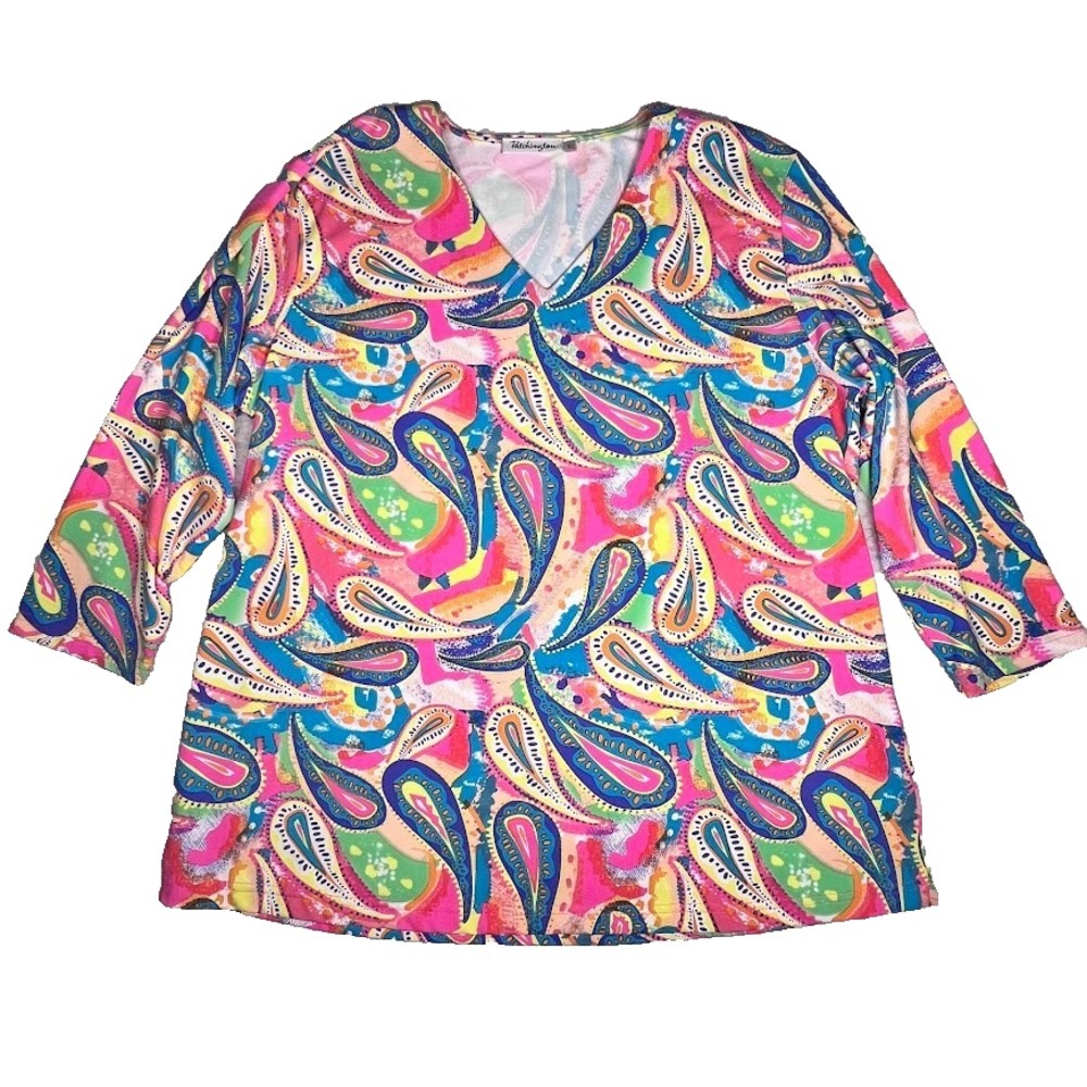 Patchington Women's XL Paisley Top Pink Blue V-Neck 3/4‎ Sleeve Boho Travel